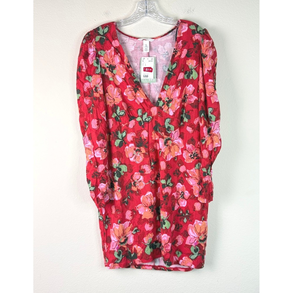 H&M Dress Womens Large Red Floral Conscious Choice Puff Sleeve V-Neck Mini